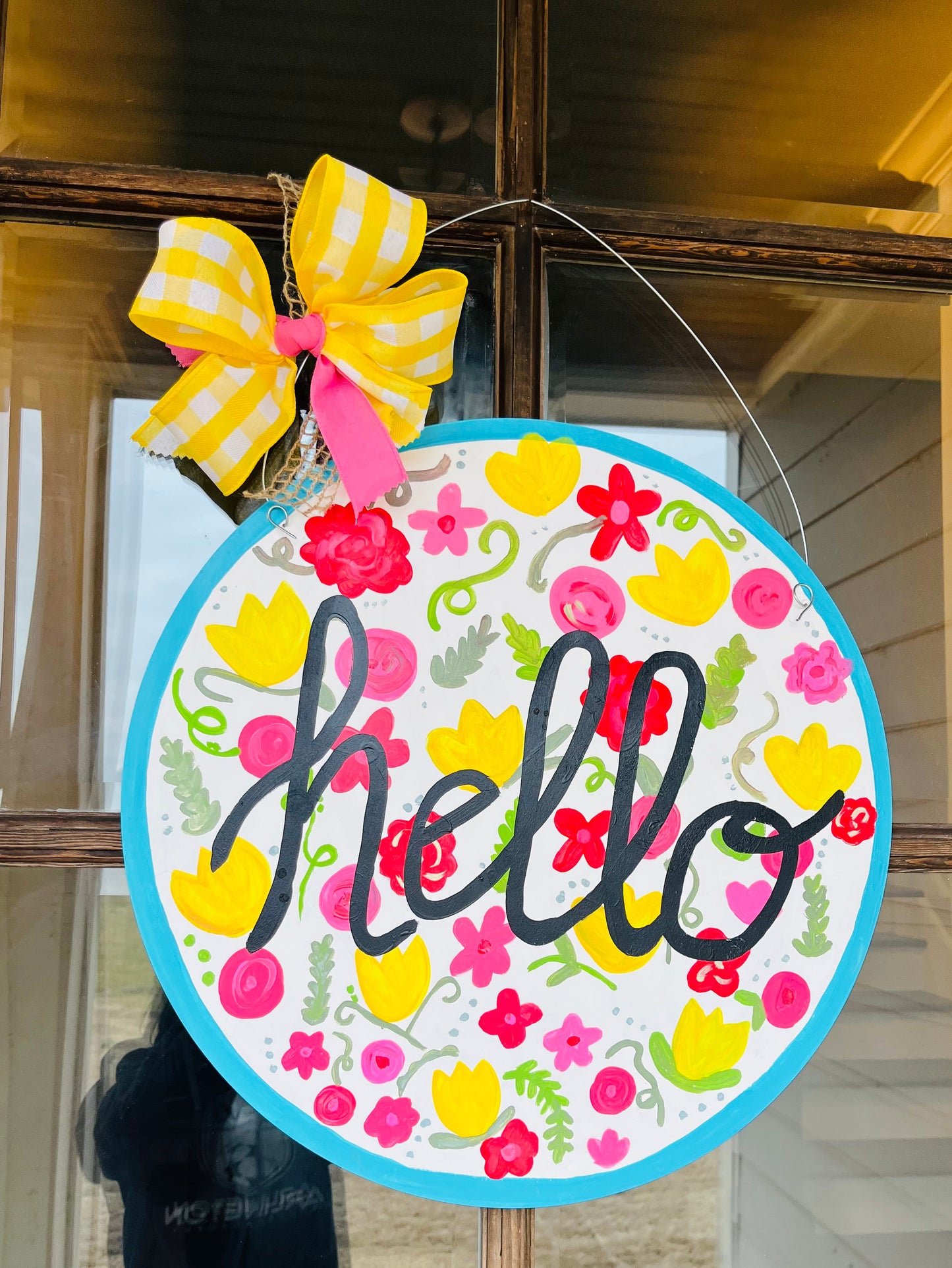 Hello Flower wooden door hanger