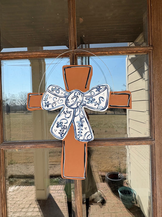 Cross with bow wooden door hanger